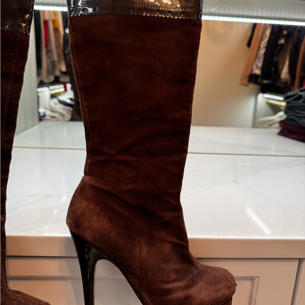 Bebe Brown Suede Stiletto Women's Boots - Picture 5 of 8